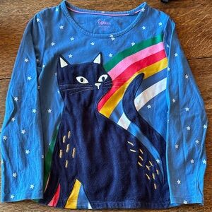 Mini Boden Blue Long-Sleeve Top with Navy Cat and Rainbow